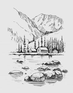 an ink drawing of a mountain lake with rocks and trees in the foreground, surrounded by mountains