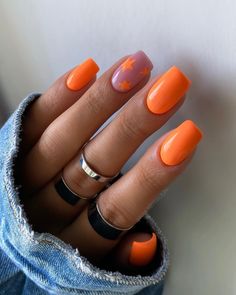 Orange Nail Ideas Summer, Neon Square Nails, Orange Nail Designs Summer, Orange Nails With Design, Orange Tip Nails, Cute Orange Nails, Orange Nails Design, Nail Designs Orange, Orange Nails Ideas