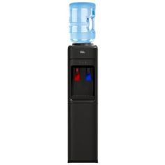 the water dispenser is black and has two blue bottles on each side