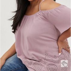 Torrid 17160075 Challis Eyelet Border Cold Shoulder Top Last Shirt. A Dusty Millennial Pink Mauve Orchid Purple, Adjustable Straps, Elastic Top, Eyelet Bottom With Occasional Sequins Sparkle. Lightweight, Perfect Condition, Brand New With Tags! Women’s Plus Size 2, 2x, 18-20. 17160071. Retails $66! Spring Purple Off-shoulder Top, Purple Off-shoulder Summer Top, Purple Off-shoulder Top For Summer, Millennial Pink, Sheer Kimono, Georgette Tops, Orchid Purple, High Low Blouse, Eyelet Embroidery