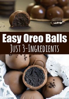 chocolate eggs with oreo balls in the background and text overlay that says easy oreo balls just 3 ingredients