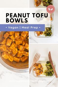 four pictures showing the steps to make peanut tofu bowls