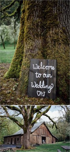 a sign that says welcome to our wedding day next to a tree with moss growing on it