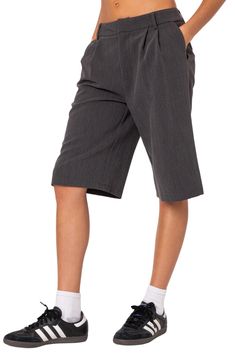 Blend both the professional and playful into your casual look with these trouser-inspired Bermuda shorts enhanced by clean lines and front pleats. Zip fly with hook-and-bar closure On-seam pockets; back welt pockets 100% polyester Machine wash, dry flat Imported Workwear Pants With Short Inseam And Elastic Waistband, Gray Workwear Shorts, Casual Knee-length Office Bottoms, Casual Knee-length Bottoms For Office, Casual Knee-length Bottoms For Business Casual, Summer Office Bottoms Knee-length, Relaxed Fit Knee-length Workwear Bottoms, Knee-length Business Casual Bottoms With Pockets, Knee-length Office Bottoms With Pockets