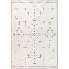 a white rug with black and grey designs on it