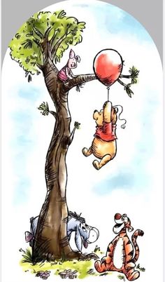 winnie the pooh and tigger hanging from a tree with balloons in their hands