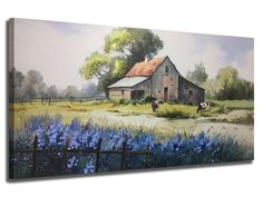 a painting of a barn with blue flowers in the foreground and two cows on the other side