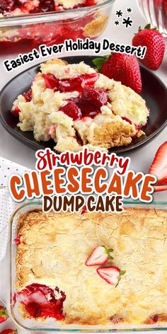 strawberry cheesecake dump cake recipe with text overlay