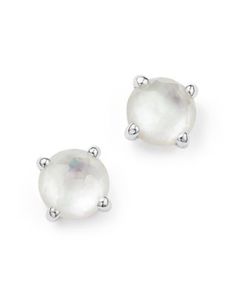 A pair of luminous stud earrings in sterling silver with mother-of-pearl and clear quartz doublets. Ninja Turtle Birthday, Mini Studs, Rock Candy, White Silver, Clear Quartz, Pearl Jewelry, Pearl White, Semiprecious Stones, Mother Of Pearl