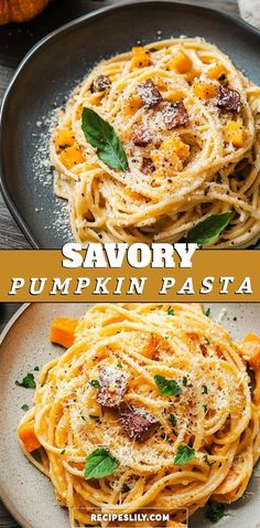 two plates of spaghetti with pumpkin sauce and parmesan cheese on top, the same plate