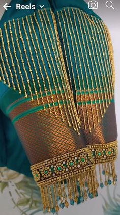 Green Aari Work Blouse, Golden Colour Aari Work Blouse, Green Aari Blouse, Peacock Sleeve Aari Work, Mustard Yellow Aari Work Blouse, Blouse Hangings, Maggam Work Designs