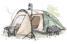 a drawing of a tent with two chairs next to it