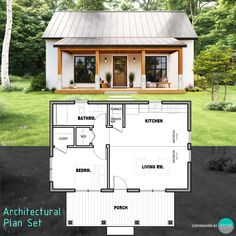 the floor plan for a small house with two bedroom and living areas, including an attached porch