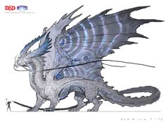 a drawing of a dragon with blue wings