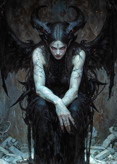 a painting of a demon sitting on a chair with her hands clasped to her knees