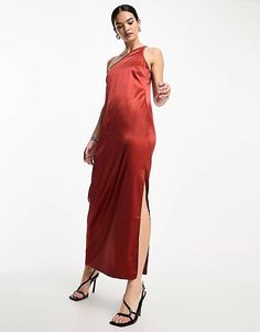 Only satin one shoulder maxi dress in rust | ASOS One Shoulder Maxi Dress, Red Dress Maxi, Drop Top, Summer Inspiration, Dresses Dresses, Side Split, Summer Festival, Summer Essentials