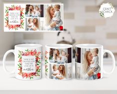 three coffee mugs with different photos on them