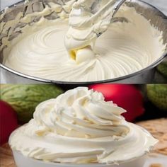 two pictures of whipped cream being made in a bowl and then topped with icing