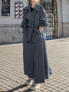 Long Sleeves Loose Buckle Buttoned Split-Back Tied Waist Lapel Outerwear Trench Coats DEEP GRAY-S Looks Hippie, Casual Trench Coat, Oversized Trench Coat, Winter Typ, Oversize Casual, Leisure Fashion, Deep Gray, Trench Coats Women, Fashion Seasons