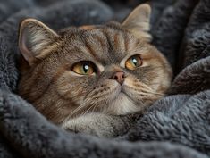 a close up of a cat laying in a blanket on top of a bed with eyes wide open