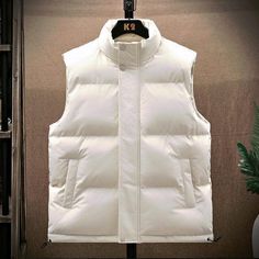 Down Cotton Waistcoat Mens Windproof Warm Loose Sleeveless Vest Jacket Gilet Top Mens Puffer Vest, Sleeveless Vest Jacket, Men Vest, White Puffer Vest, Soft Vest, Casual Fashion Trends, Parka Vest, White Puffer, Coat Trends