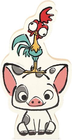 a sticker with an image of a rooster on top of a small pig's head