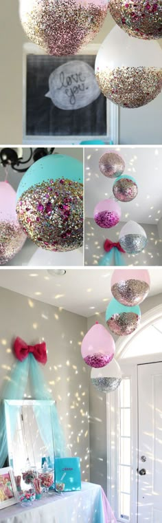 this is a collage of photos with balloons and confetti