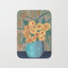 a painting of yellow flowers in a blue vase