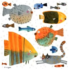 this is an image of a group of fish in watercolor and ink on paper