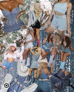 the collage shows many different images of women in denim outfits and hats, all with sequins on them