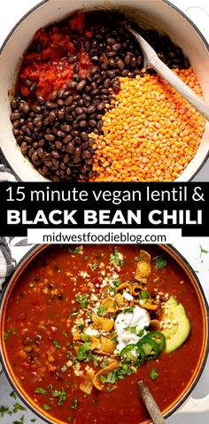 black bean chili in a white pot with spoons on the side and an image of beans