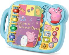 the peppa pig learn and discovery book is blue with colorful buttons on it's cover