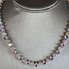 A Womens Vintage Estate Sterling Silver Modernist Necklace With Amethyst Colored Stones. Not Sure If The Stones Are Real Or Man Made. The Total Weight Is 53.7g. Necklace Measurs 17 1/2" Long By 1/4" Wide. Makes A Great Gift For That Special Someone. Any Questions Please Dont Hesitate To Ask. Be Sure To Check Out Some Of My Other Great Items Up For Sale. Thank You. Colored Stones, Amethyst Color, Womens Jewelry Necklace, Stone Color, Amethyst, Great Gifts, Jewelry Necklaces, Women Jewelry, Sterling Silver