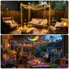 an outdoor patio decorated with lights and furniture