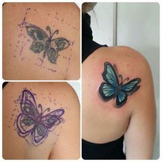 three pictures of different butterflies on the back of a woman's shoulder