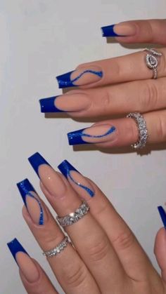 Nails 2023 Trends Coffin Shape, Royal Blue Nails Acrylic Coffin, Blue Acrylics With Design, Blue Nail Ideas Coffin, Royal Blue Acrylic Nails Medium Length, Long Blue Nail Ideas, Navy Prom Nails Acrylic, Blue Design Nails Acrylic, Royle Blue Nails