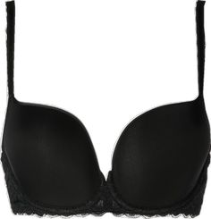 Partially Lined Low-cut Black Bra, Black Partially Lined Low-cut Bra, Low-cut Black Bra With Lace Closure, Black Low-cut Partially Lined Bra, Elegant Evening Stretch Bra, Black Low-cut Bra With Lace Closure, Elegant Lace Bra For Night Out, Chic Black Padded Bra, Elegant Evening Bra With Lace Trim