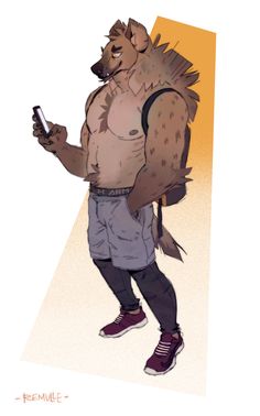 a drawing of a man in shorts and sneakers holding a cell phone with an animal on his back