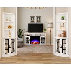 a living room with an entertainment center and fireplace