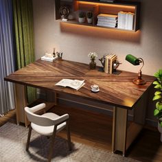 a wooden desk with two shelves above it and a chair next to it in front of a window