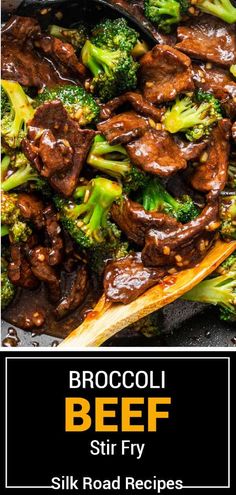 beef and broccoli stir fry in a skillet with the title above it