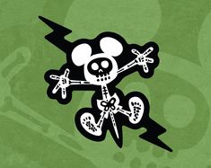 a cartoon skull and crossbones on a green background