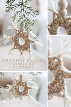 crocheted snowflake ornament hanging from a christmas tree