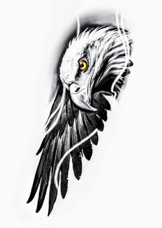 an eagle with yellow eyes is shown in black and white ink on a sheet of paper