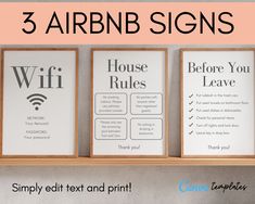 three framed signs on a shelf with the words airbn signs above it and below them