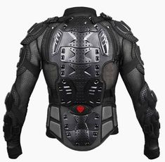 the back view of a motorcycle jacket with armor and red buttons on the chest,