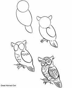 four owls sitting on top of each other with different shapes and sizes in the background