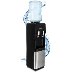 a water dispenser that is on top of a black and silver refrigerator