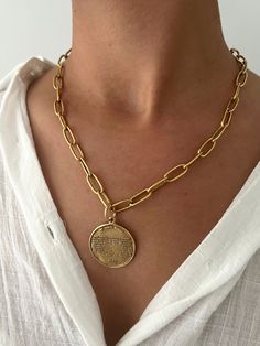 Vintage brushed gold statement necklace, 17" Large Gold Pendant Necklace, Statement Necklace 2024, Alv Jewels, Long Beaded Necklaces, Coin Jewellery, Chunky Gold Necklaces, Lords Prayer, Thick Necklace, Silver Coin Necklace