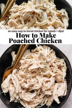 two pictures showing how to make shredded chicken in a black bowl with chopsticks